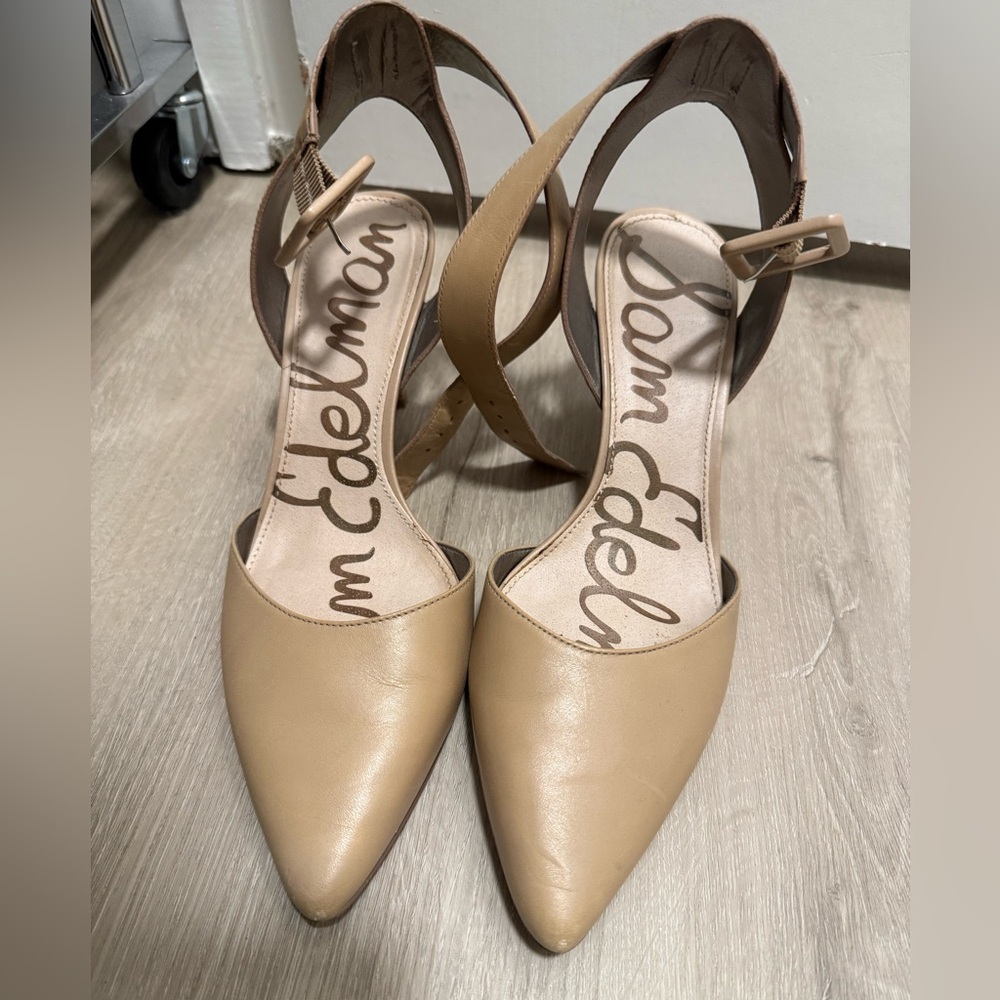 Sam Edelman Okala Ankle Strap Beige Pointed Toe Heels